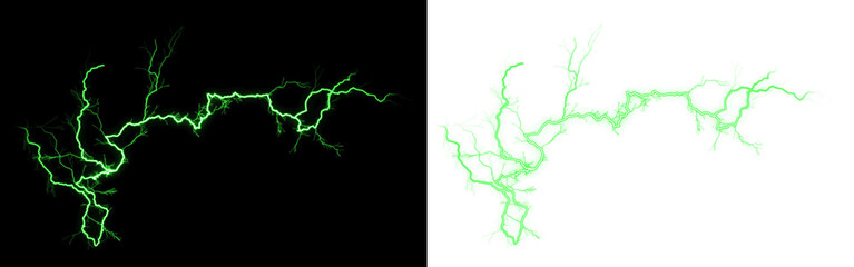 Dynamic green lightning and intricate branching network map illustrating complex systems