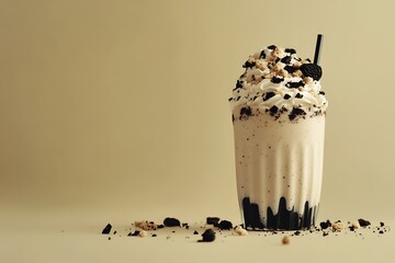 Indulging in a rich and creamy Oreo biscuit shake topped with delightful crumbles against a soothing beige backdrop.