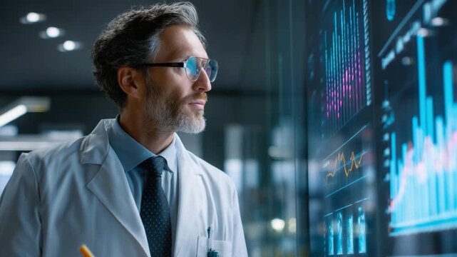 Handsome Male Biotech Economy Analyst Interprets Pharmaceutical Export Growth Charts