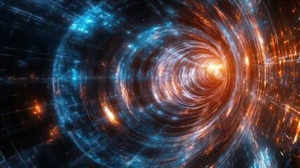 Vivid digital art portrays a mesmerizing, glowing tunnel with swirling blue and orange light