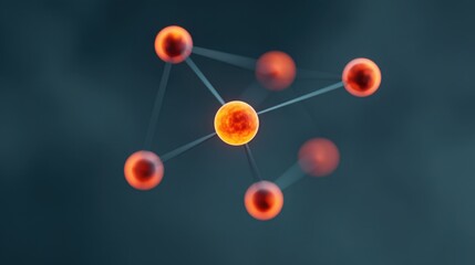 Vibrant Visualization of Abstract Atomic Structure with Orange and Red Atoms Connected by Energy Bonds on Dark Background
