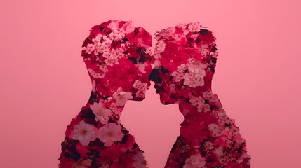 A vibrant silhouette of two people kissing, filled with floral patterns against a pink background, symbolizing love and beauty.