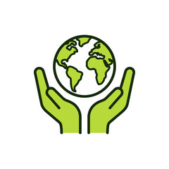 Vector icon of hands holding a stylized earth globe in lime green