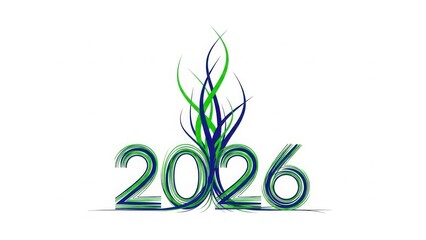 Shiny chrome and blue metallic 3d numbers spelling out the year 2026 in a blurred modern office conference room setting