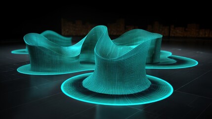 Abstract wave shapes in neon blue wireframe design illustrating modern digital art and futuristic concepts in a dark environment