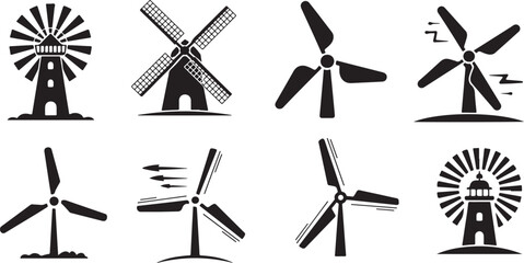 Set of wind turbines and windmills producing energy