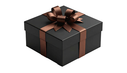 A black square gift box tied with a brown ribbon, presented against a black background