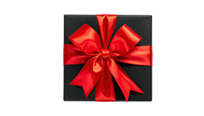 A black, square gift box elegantly tied with a vibrant, glossy red satin ribbon and bow