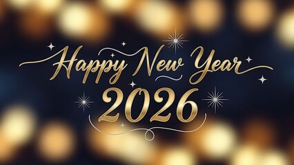 Elegant Happy New Year 2026 Gold Script Typography with Bokeh Lights Background