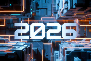 The image is a futuristic representation of the year 2026