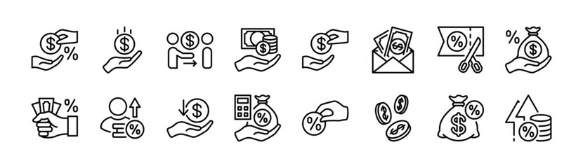 Commission money thin line icon set. Contains income, profit, salary, calculate percentage of earnings, wages increase, pay, financial accounting, payment, loan, tax deduction. Vector illustration