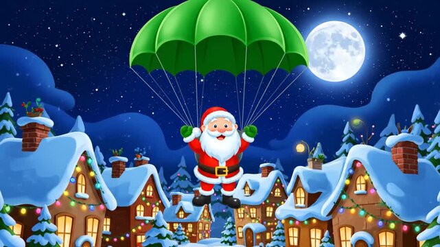 santa drops from sky in winter, santa parachutes above glowing village rooftops on festive night, santa gracefully descends beneath lush trees over brightly lit village during holiday season.