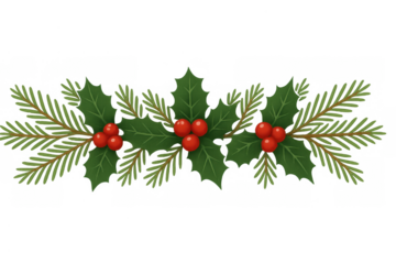 Christmas garland design element with pine branches and holly berries, creating a festive holiday decoration on transparent background