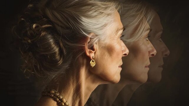 Elegant elderly woman with silver hair styled in a bun and reflective profiles