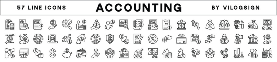 Accounting, taxes, financial, banking icon set. Contains savings, piggy bank, profit, currency, safe, investment, earning, calculate money, deposit, balance, budget, income, transaction - vector