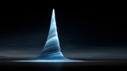 Ethereal Blue Cone Rising from Dark Water with Soft Light and Mysterious Atmosphere at Dusk in a Minimalist Landscape Setting
