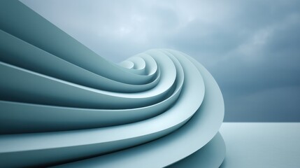Obraz premium Abstract 3D Wave Design with Gentle Curves and Soft Tones Under Moody Cloudy Sky for Modern Digital Backgrounds or Artistic Conceptual Use