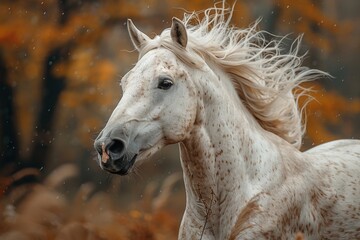 Obraz premium A majestic white horse with brown spots races through a vibrant autumnal field filled with colorful leaves. A beautiful image of nature and equine power.