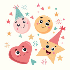 Happy cartoon shapes wearing party hats with confetti Illustration