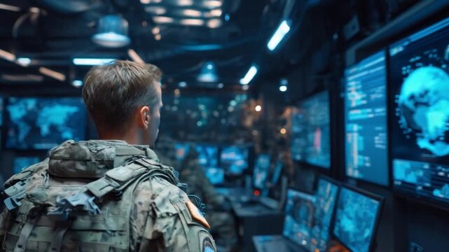 A handsome male cyber drone network commander coordinating secure swarm channels inside a bright tactical operations hall during midday.