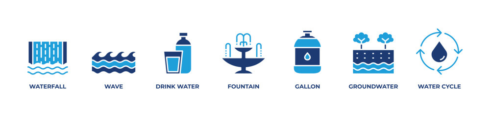 Exploring Water Icons set vector illustration blue with Waterfall, Wave, Drink water, Fountain, Gallon, Groundwater, Water cycle