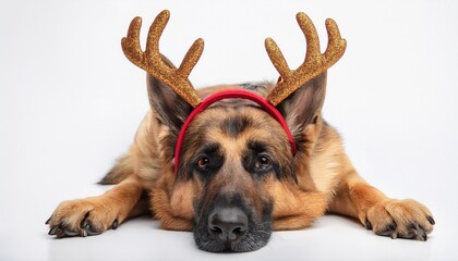 german shepherd with antlers headban on white background; resting