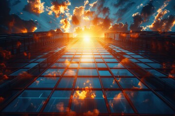 A stunning futuristic cityscape bathed in the warm glow of sunrise. The grid of windows reflects the radiant colors of the sky, creating a mesmerizing and vibrant scene.