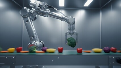 A robotic arm sorts colorful fruits on a conveyor belt in a futuristic facility setting with precision and care