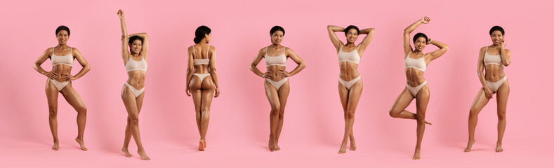 Set of portraits of young black woman in beige underwear on pink background. Showcasing fit body, confidence, fashion versatility and expressive studio poses for lifestyle content