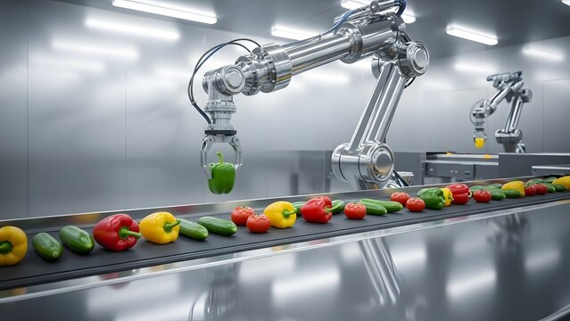 Robotic arms sorting colorful bell peppers on a conveyor belt in a factory setting with industrial lighting