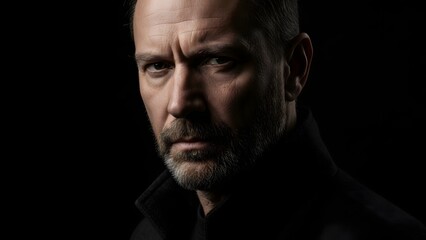 Obraz premium A closeup portrait of a seriouslooking man with a short beard and mustache in a dark shirt against a dark background