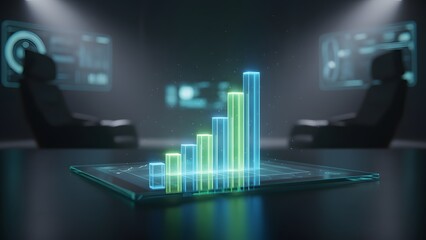 A futuristic 3d bar graph on a tablet screen in a dark room with neon lights and blurry screens in the background