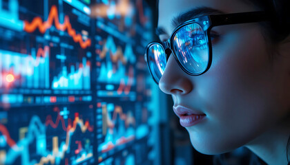 Professional Woman Analyst Monitoring Financial Stock Market Data on Multiple Screens, Data Science, Business Analytics, and Real-Time Trading Statistics Concept.