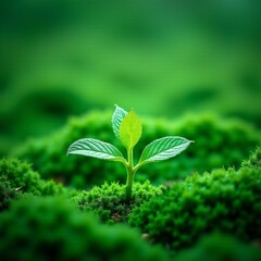 AI generated An immature green sprout penetrates moist moss layer blanketed with tiny dew