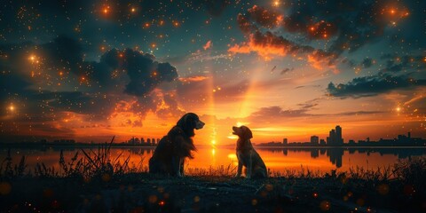 Two dogs peacefully sit on green grass enjoying a beautiful sunset over water. Distant city lights add to the picturesque scene.