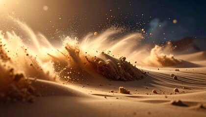 A dynamic depiction of a desert scene. Fine sand particles are dramatically airborne, lit by a soft, golden glow from a setting sun