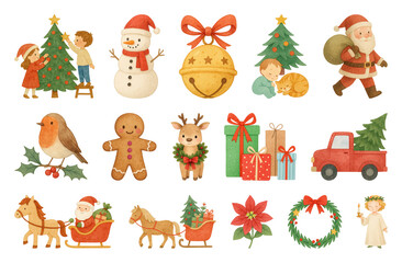 Obraz premium PNG Festive holiday-themed cartoon illustrations, element set on transparent background