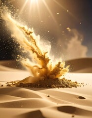 A dynamic depiction of a sand explosion in a vast desert landscape under a bright, radiant sun. The sand erupts upwards, creating a dramatic effect