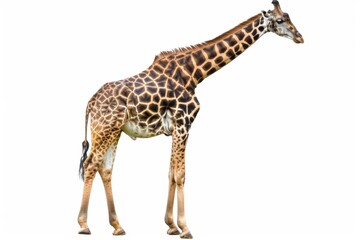 Naklejka premium A majestic giraffe stands prominently against a clean white backdrop, showcasing its striking patterned coat and elongated neck. Perfect for branding and editorial use.