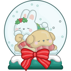 a vector of a cute animals in a snow globe in Christmas vibe