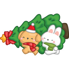 a vector of a rabbit and dog carrying a Christmas tree