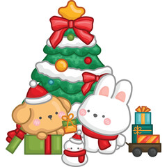 a vector of a rabbit and dog with Christmas tree and present

