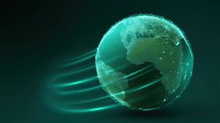 Abstract Digital Representation of a Rotating Earth with Green Hues and Light Trails on a Dark Background for Technology and Innovation Concepts