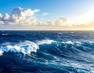 A dynamic depiction of the ocean's surface with white-capped waves rolling under a cloudy sky, bathed in sunlight