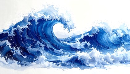 A dynamic depiction of ocean waves, captured in shades of blue. White crests contrast against the deep blue, creating a vibrant scene