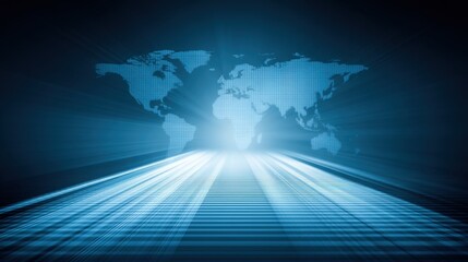 Abstract digital landscape with futuristic blue hues and world map for technology, communication, and global connection concepts in stock photo