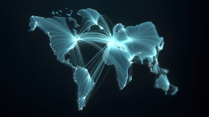 Abstract World Map with Connecting Lines Representing Global Communication and Data Flow in Digital Network Technology Concept