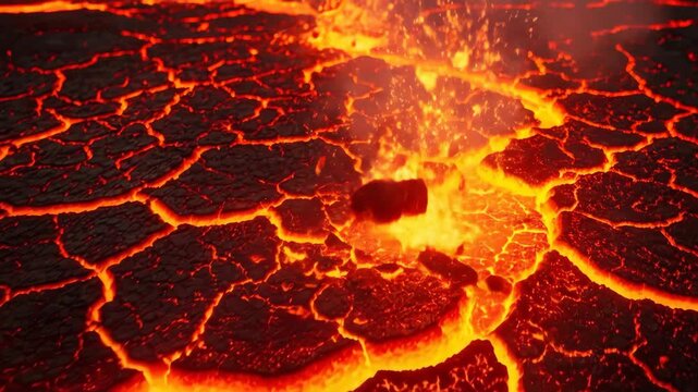 Lava field with bubbling hot magma and flying rocks from a volcanic eruption. Abstract natural disaster background.