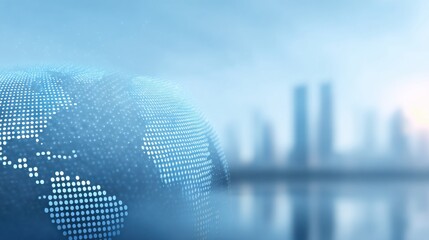 Global Connection Concept with Digital World Map and Urban Skyline Background in Soft Blurry Focus for Technology and Business Themes