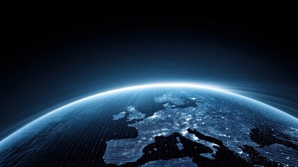 Digital Representation of Earth at Night with Light Effects Highlighting European Continent against a Dark Starry Background